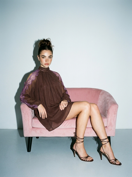 Chiffon Mini Dress with Contrast Lace Shoulder