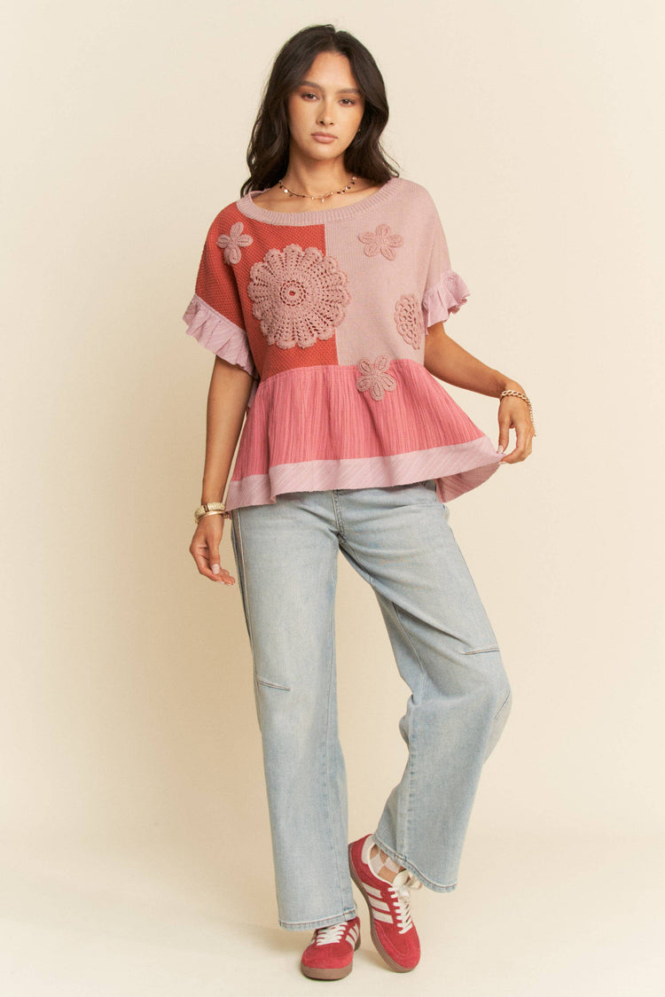 SWEATER TEXTURED FABRIC RUFFLE DETAIL TOP