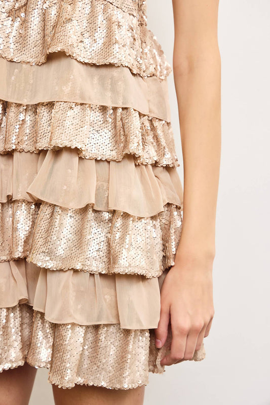 MULTI LAYER TIERED RUFFLE SEQUIN DRESS