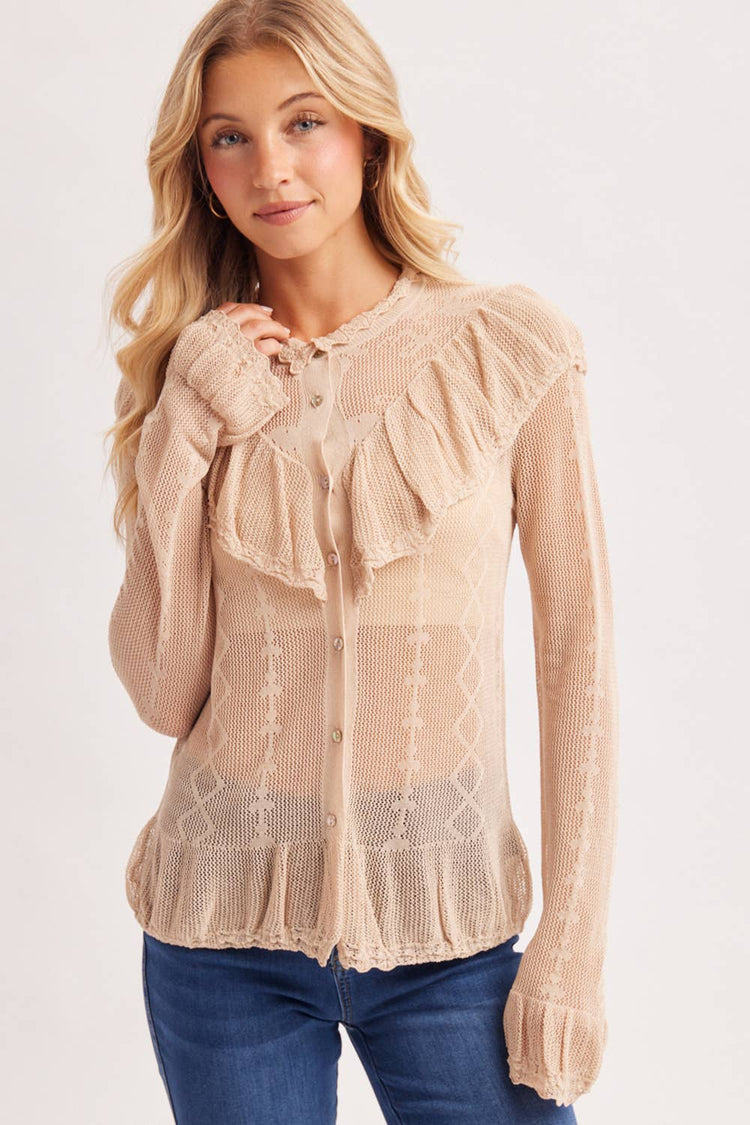 SHEER MOCK NECK BUTTON DOWN RUFFLED OPEN KNIT TOP NO LINING