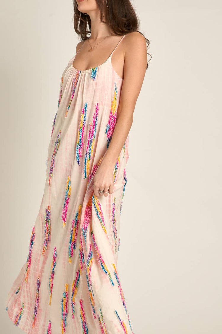 Multicolor Tie-Dye Embroidered Cami Maxi Dress