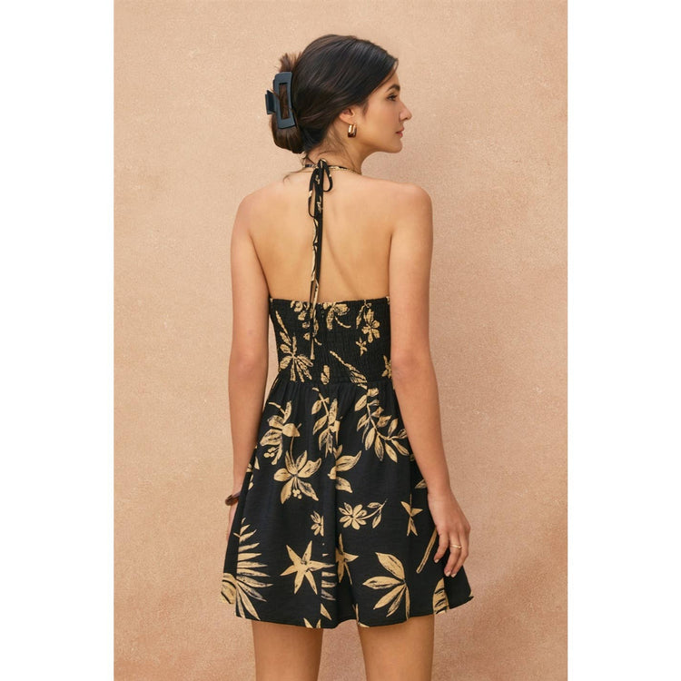 Tropical Leaf Ruched Halter Mini Dress