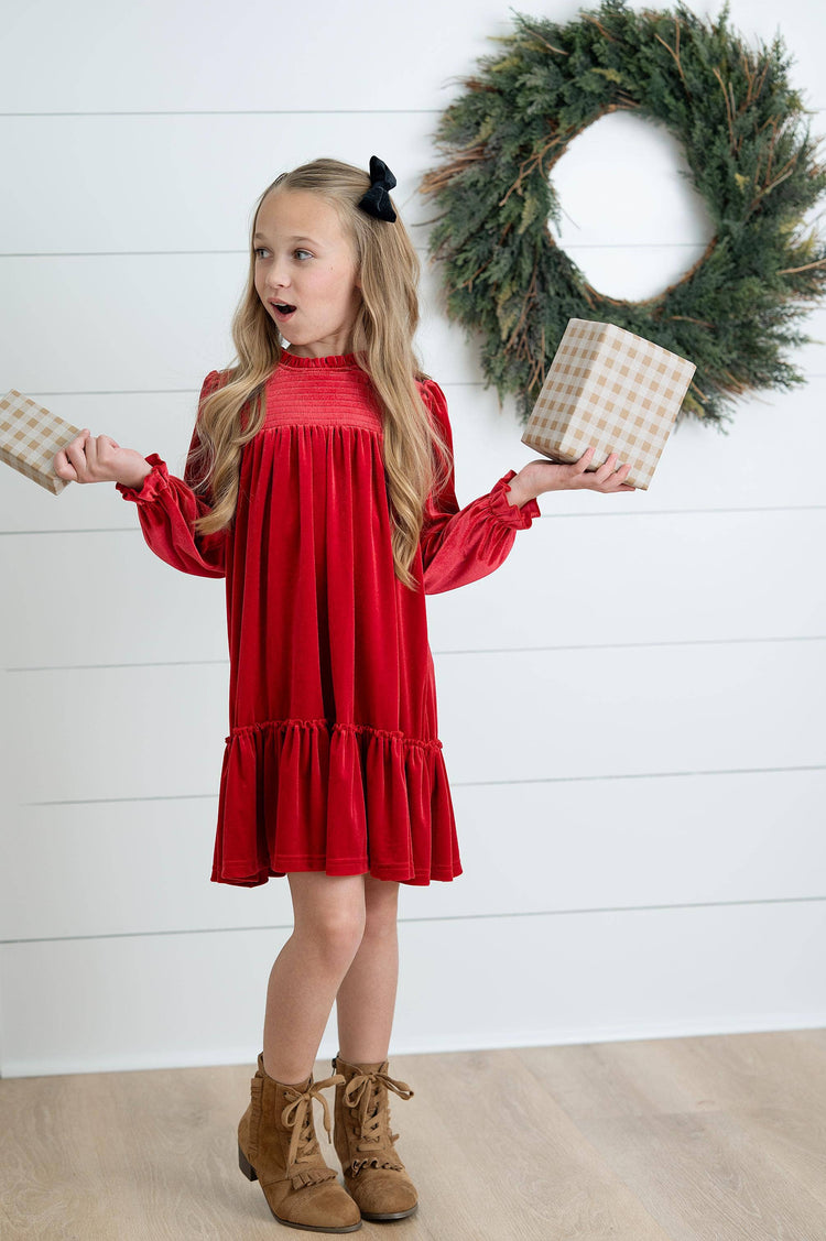 Alexa Red Smocked Velvet Fancy Holiday Party Dress