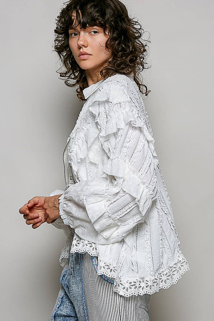 Feminine Eyelet Ruffle Floral Trim Lace Zip Front Jacket
