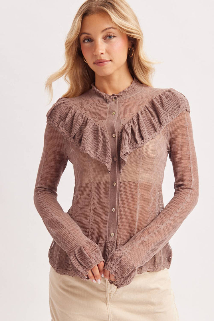 SHEER MOCK NECK BUTTON DOWN RUFFLED OPEN KNIT TOP NO LINING