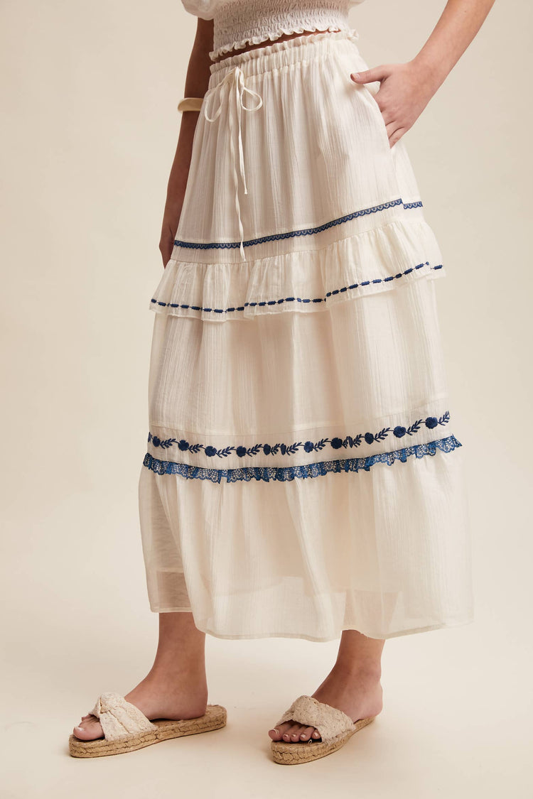 Embroidered Tiered Maxi Skirt