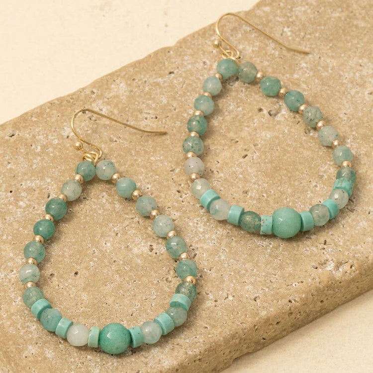Semi Precious Stone And Metallic Beaded Tear Dangle Earrings