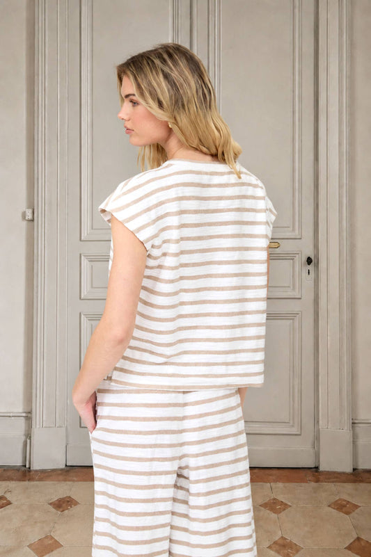 STRIPE ROUND NECK SHORT SLEEVE KNIT TOP