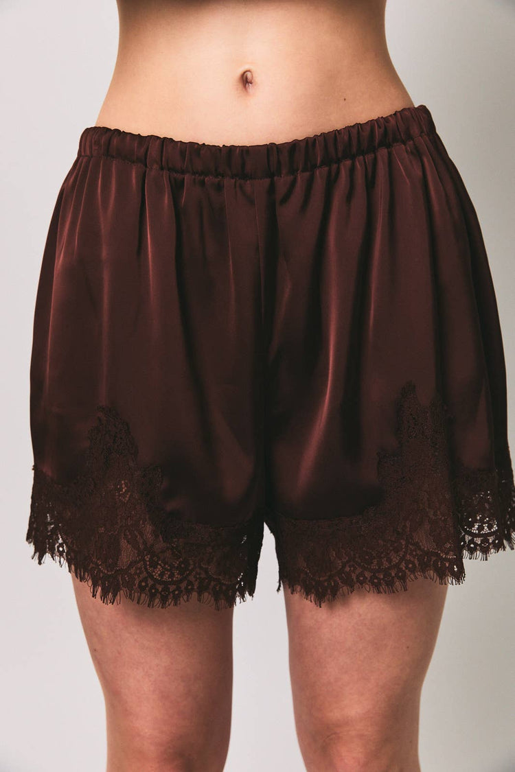 ELASTIC WAIST MID RISE LACE TRIM SHORTS