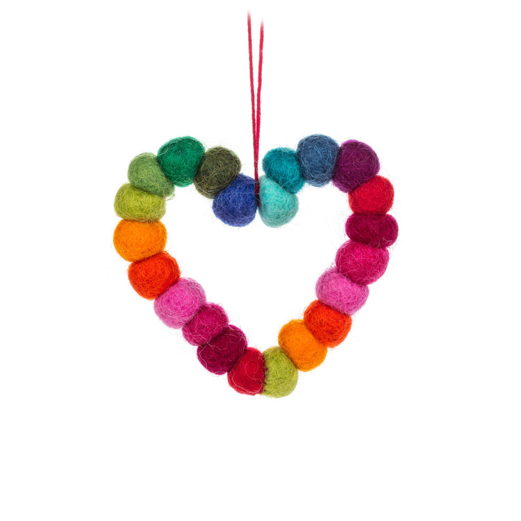 Rainbow Pompom Heart Orn-3"H