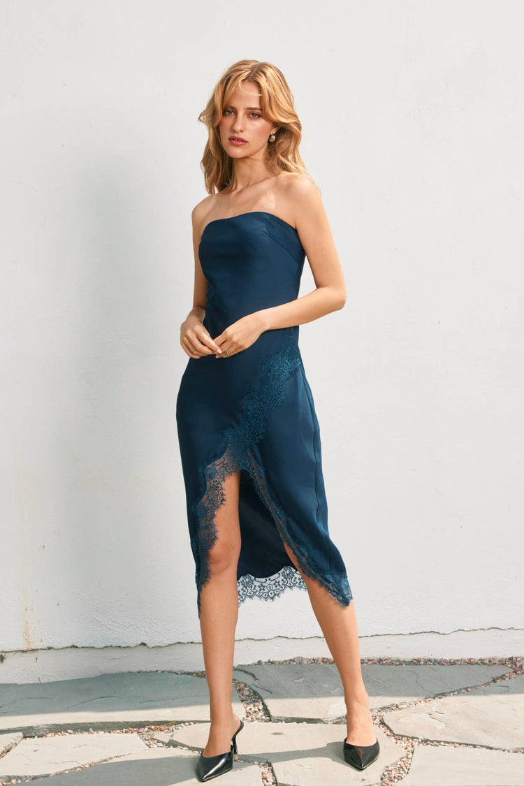 Satin Strapless Lace Hem Midi Dress