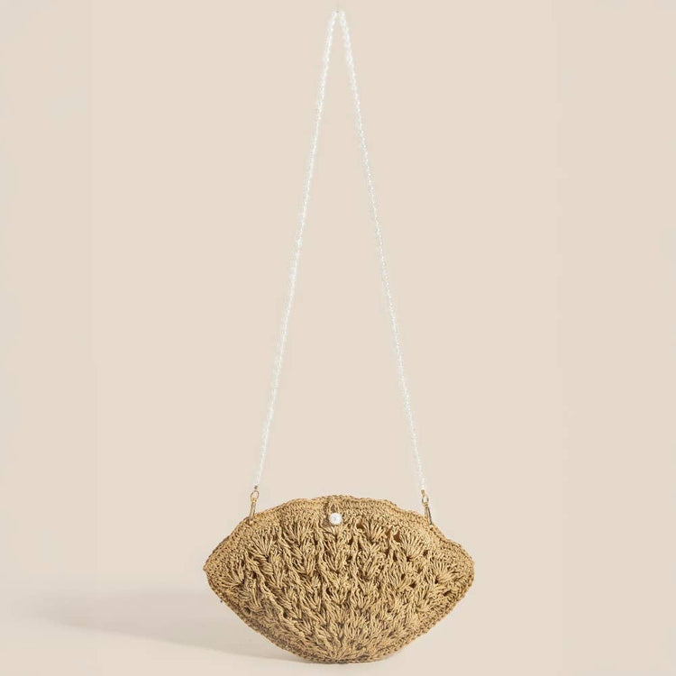 Straw Braided Pearl Beaded Strap Seashell Bag