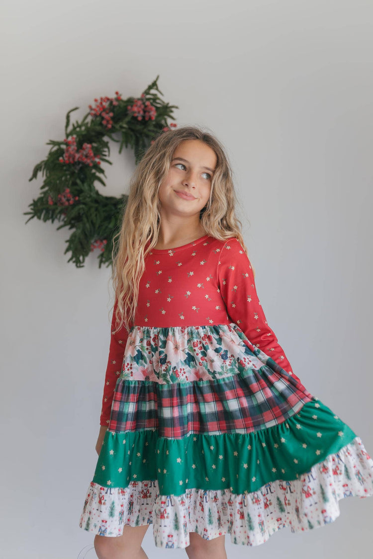 Avery Long Sleeve Tiered Christmas Holiday Twirl Dress