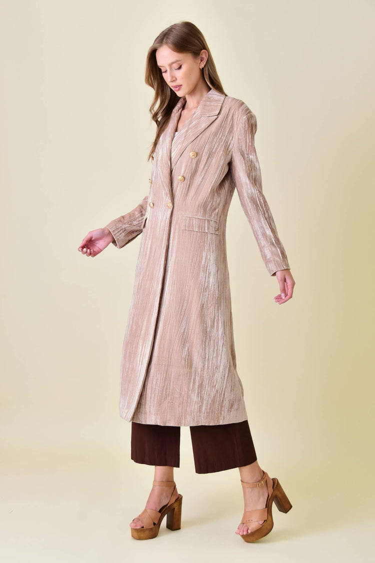CHIC DOUBLE BREASTED WRINKLED VELVET LONG COAT