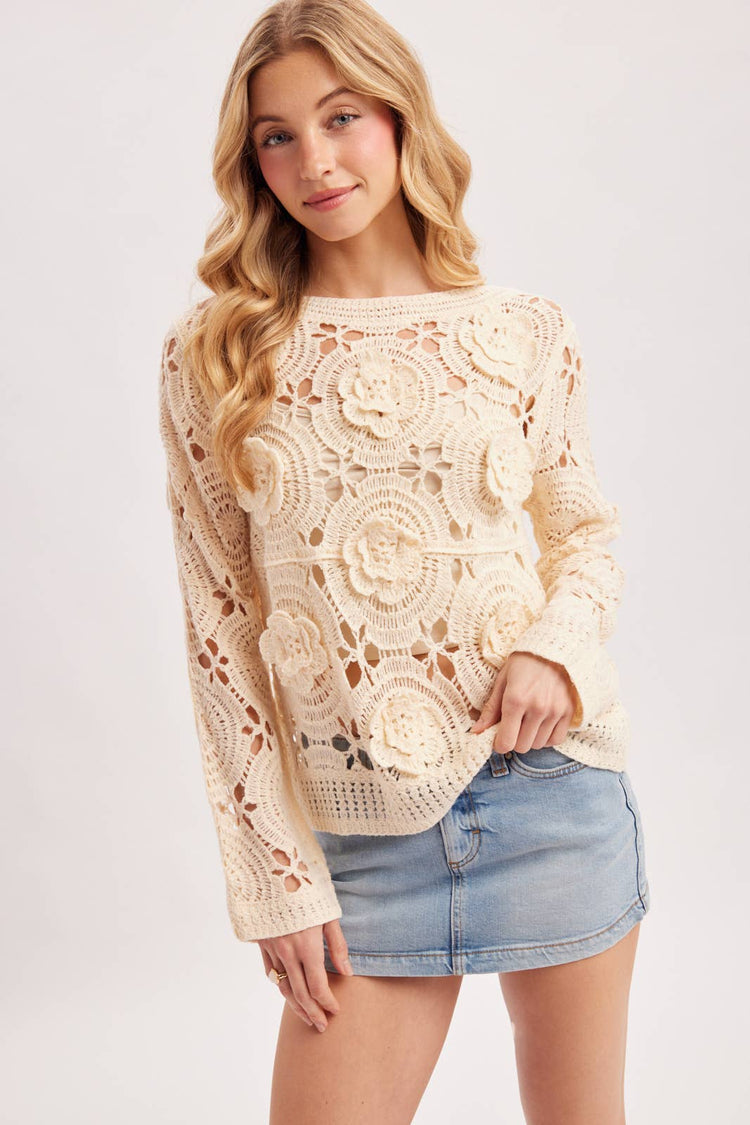 BOAT NECK OPEN-WORK FLORAL CROCHET TOP