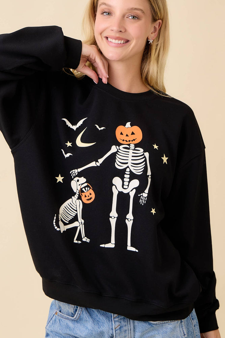 Halloween Pumpkin Skeleton Printed Graphic Crewneck