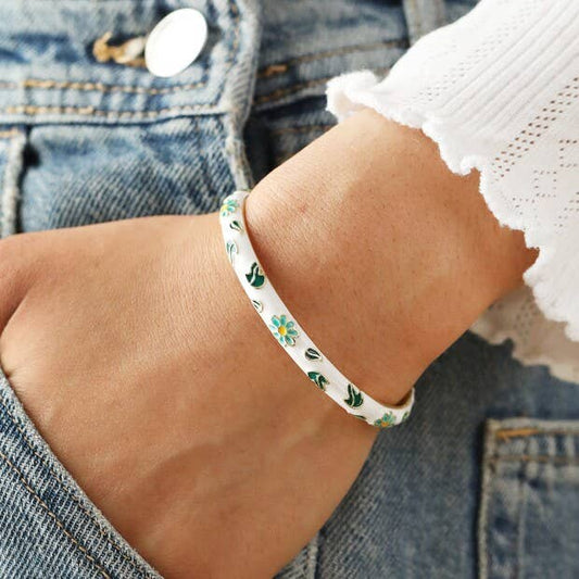 White Cloisonné Bangle in Gold