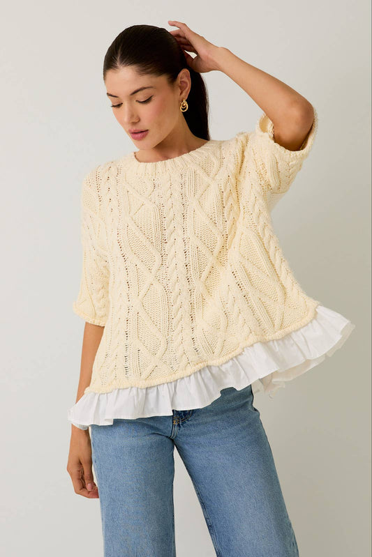 CABLE 3/4" SLEEVE KNIT WITH RUFFLE DETAIL