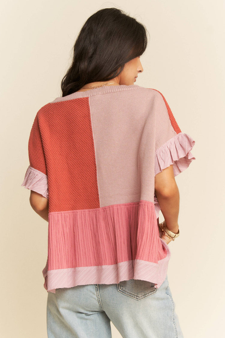 SWEATER TEXTURED FABRIC RUFFLE DETAIL TOP