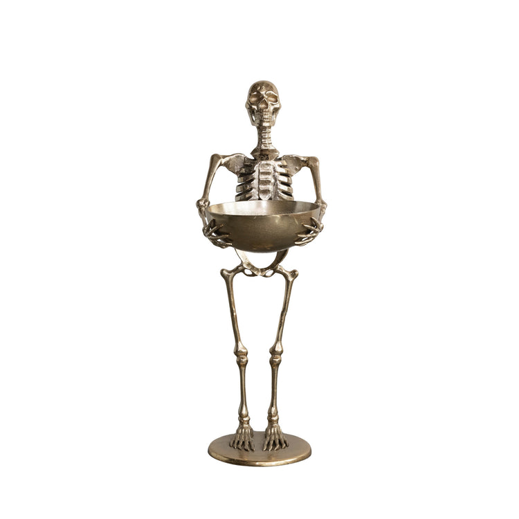 Cast Aluminum Skeleton Holding Bowl, Gold Finish