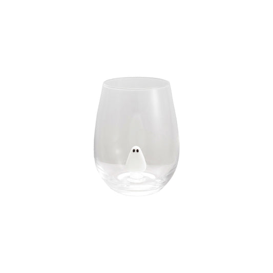 18 oz. Stemless Wine Glass with Hand-Blown Ghost Inside, White & Black