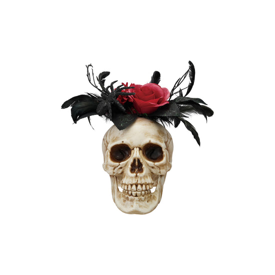 Plastic Skull Decor with Faux Flowers, Feathers & Spider, Bone Finish, Black & Red