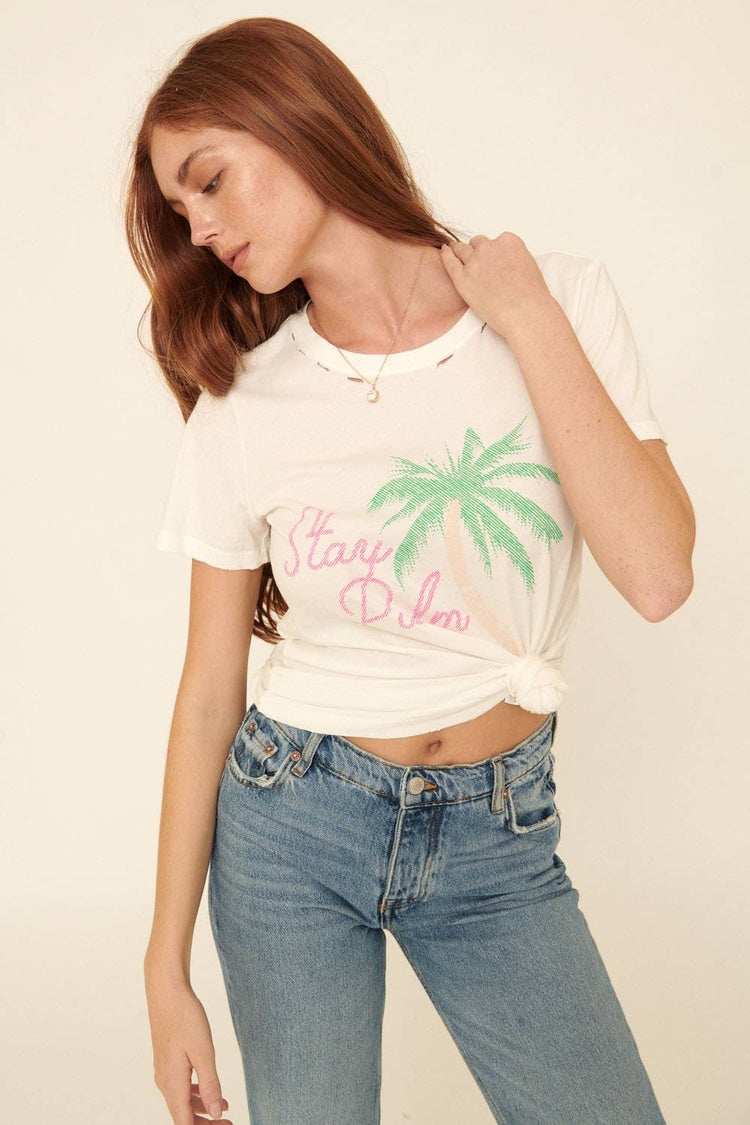 Stay Palm Distressed Vintage-Print Graphic Tee