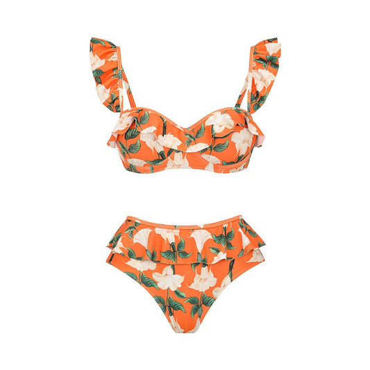 Ruffle Strap High Waist Orange Floral Bikini Set