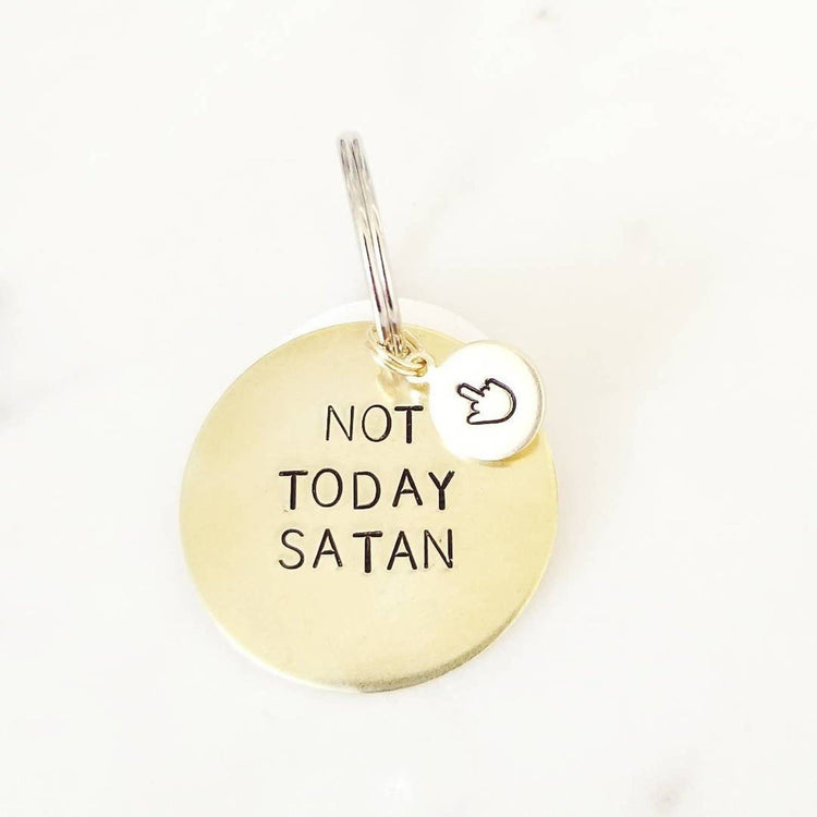 Not Today Satan Brass Key Ring with emoji accent