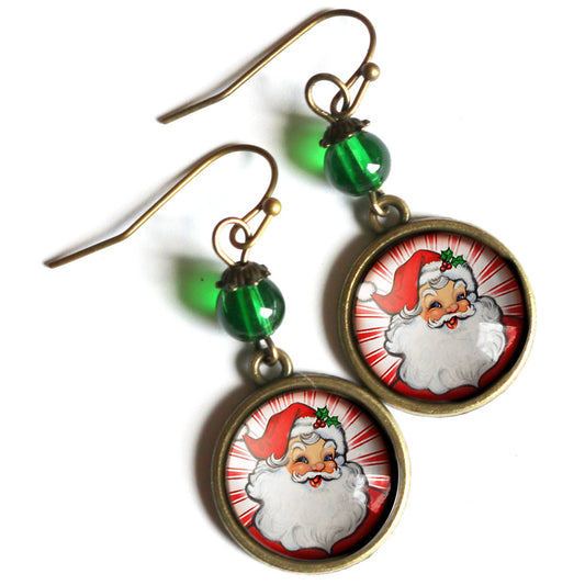 Retro Santa on Red Christmas Earrings