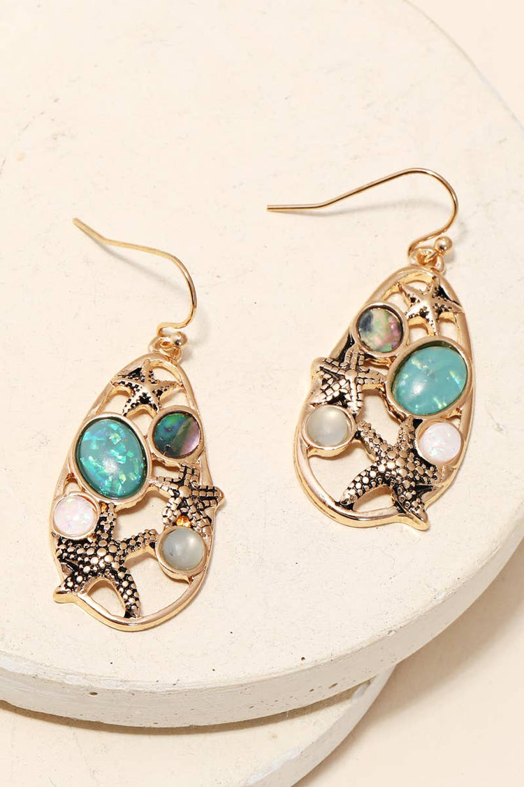 Gold Opal Starfish Drop Earrings