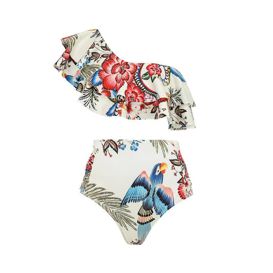 Resort One-Shoulder Retro Print Bikini Set