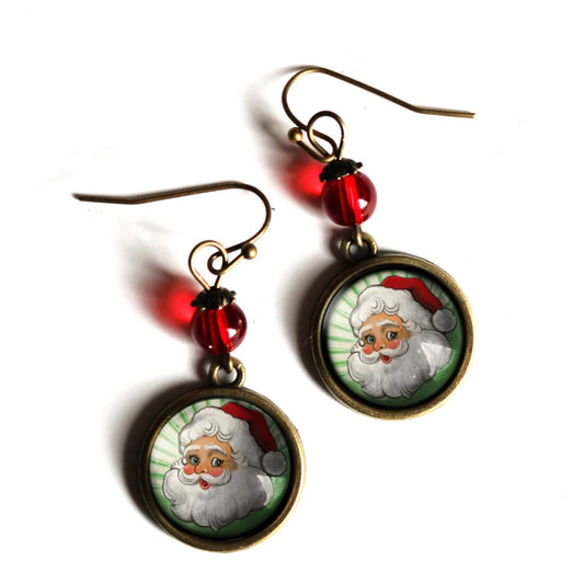 Retro Santa on Green Christmas Earrings
