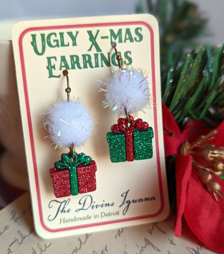 Ugly Present Earrings - White Pom Pom  with Glitter Gifts