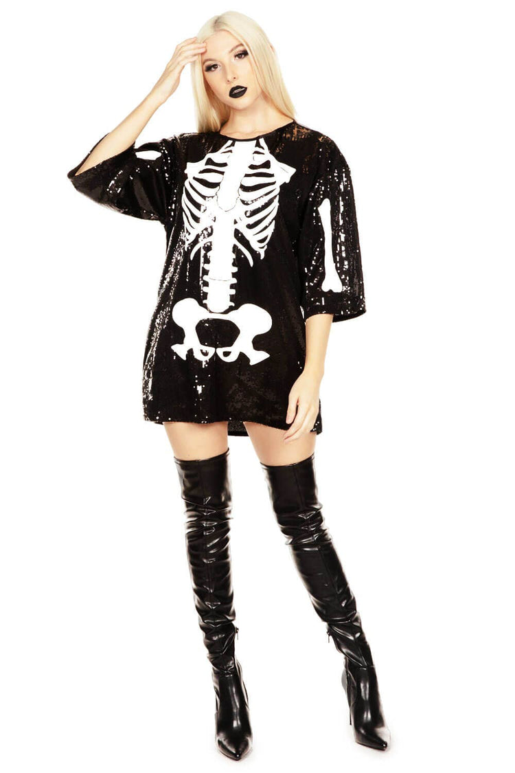 Women's Sequin Skeleton Halloween Costume Dress