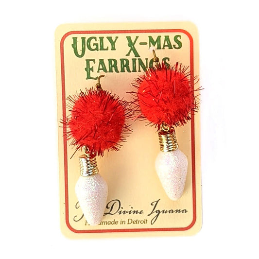 Ugly Christmas Earrings Red Pom Pom with White Glitter Bulb