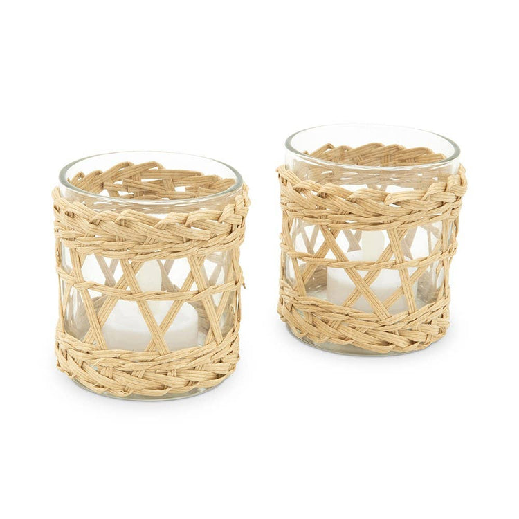 Woven Straw & Glass Candle Holder
